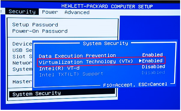 Virtualization Technology (VTx) must be enabled in BIOS settings
